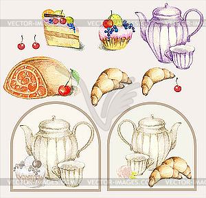 Fruitcakes, pies, croissants and cups - vector clipart