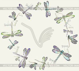 Beautiful decorative frame of dragonflies - vector image