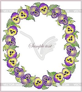 Greeting card with frame of pansies - vector image