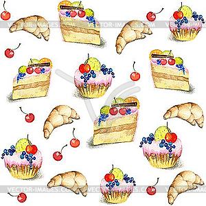 Background of cakes and cherries - vector clip art