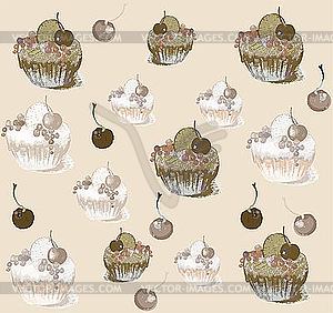 Background of cakes and cherries - vector clip art