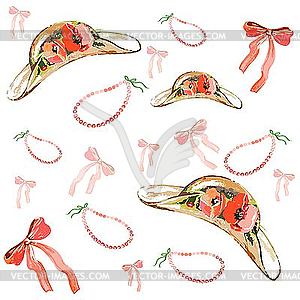 Background of hats with poppies, bows and beads - vector image