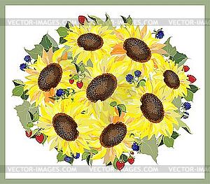 Postcard with sunflowers and blackberries - vector image