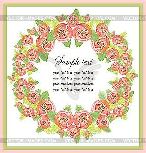 Decorative greeting card with round frame of roses - vector image