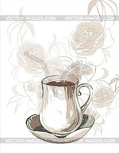 Coffee cup and roses - vector image