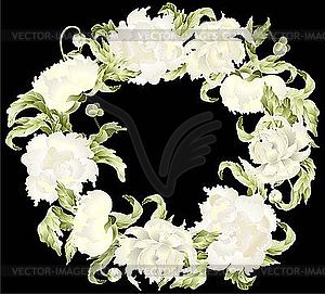 Beautiful decorative round frame with peonies - vector image