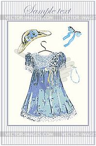 Greeting card with dress, hat, bow and beads - vector clip art