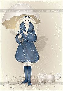 Girl with an umbrella and dog - stock vector clipart