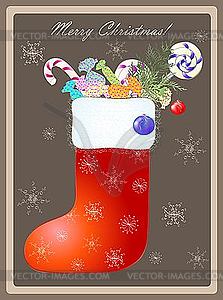 Greeting card with Christmas boot and gifts - vector image