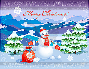 Cute smiling snowman with red christmas sack - vector clip art