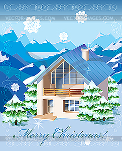 Christmas card with rural landscape and house - vector image