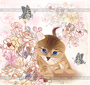 Поздравительная открытка с котенком и цветами - изображение векторного клипарта