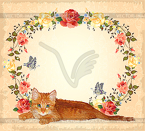 Vintage greeting card with ginger cat and roses - vector clip art