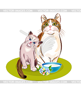 Cats family. Cat and kitten are going to eat - vector clip art