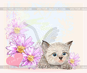 Greeting card with little fluffy kitten and gerberas - vector image