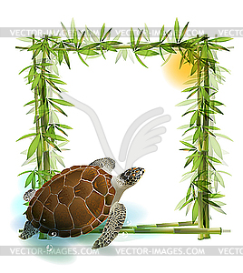 Tropical background with bamboo, sun and sea turtle - stock vector clipart