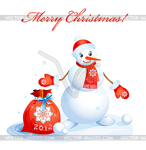 Cute smiling snowman with red christmas sack - vector image