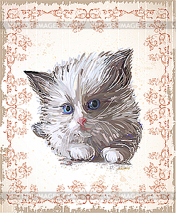 Vintage greeting card with fluffy kitten - vector clip art