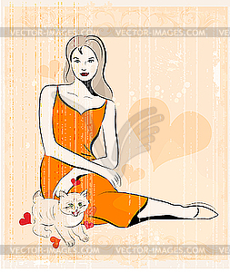 Девушка и кошка - рисунок в векторном формате