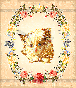 Vintage greeting card with fluffy kitten - vector clipart