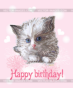 Greeting card with fluffy little kitten - vector clip art