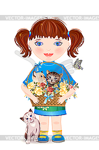 Little girl with funny kittens - vector image