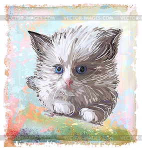 Portrait of fluffy kitten with blue eyes - royalty-free vector clipart