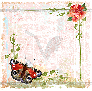 Vintage background with red roses, ivy and butterfly - vector clipart