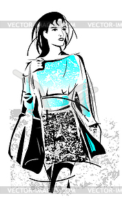 Freehand sketch of shopping girl with bag - vector image