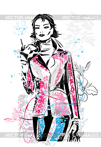 Freehand sketch of fashionable girl - vector clipart