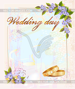 Wedding card with rings and violets - vector clip art