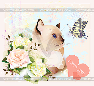 Valentines day greeting card with kitten, butterfly an - stock vector clipart
