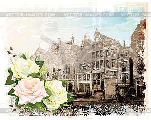 Vintage Amsterdam street and roses. Watercolor s - vector image