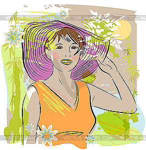 Young women in straw hat - vector clip art