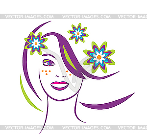 Stylized portrait of beautiful young woman with flowers - vector clipart