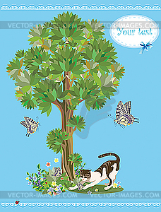 Cat playing with butterflies - vector image