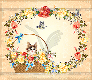 Greeting card with cat, roses and butterflies - stock vector clipart