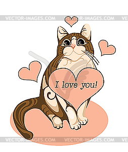 Valentines day greeting card with tabby cat and heart - vector image