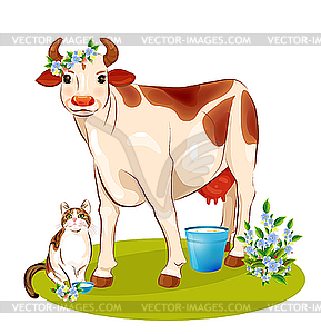 Счастливые корова и кошка - клипарт в векторном виде