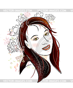 Brunette with flowers - color vector clipart