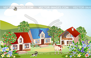 Летний сельский пейзаж - иллюстрация в векторном формате