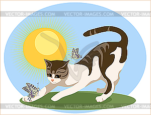 Cat playing with butterflies - vector clip art