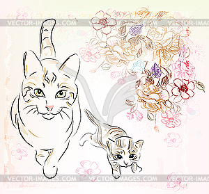Кошка и котенок - изображение векторного клипарта