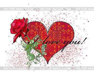 Valentines day card with red rose and heart - color vector clipart