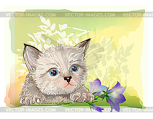 Fluffy kitten with bluebell - vector clip art