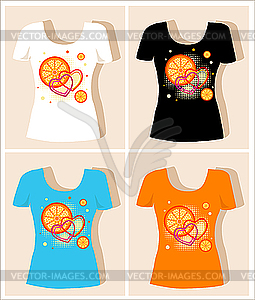 T-shirt design with oranges and hearts - color vector clipart