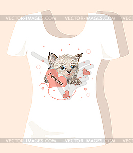 T-shirt design for children with kitten and hearts - vector image