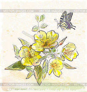 Yellow field flowers and butterfly - vector clipart