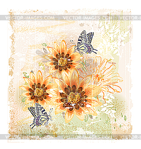 Yellow field flowers and butterflies - vector image