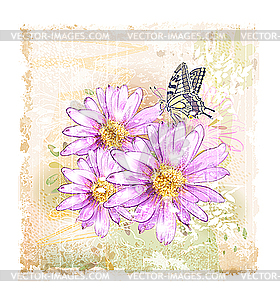 Pink flowers and butterfly - vector clip art